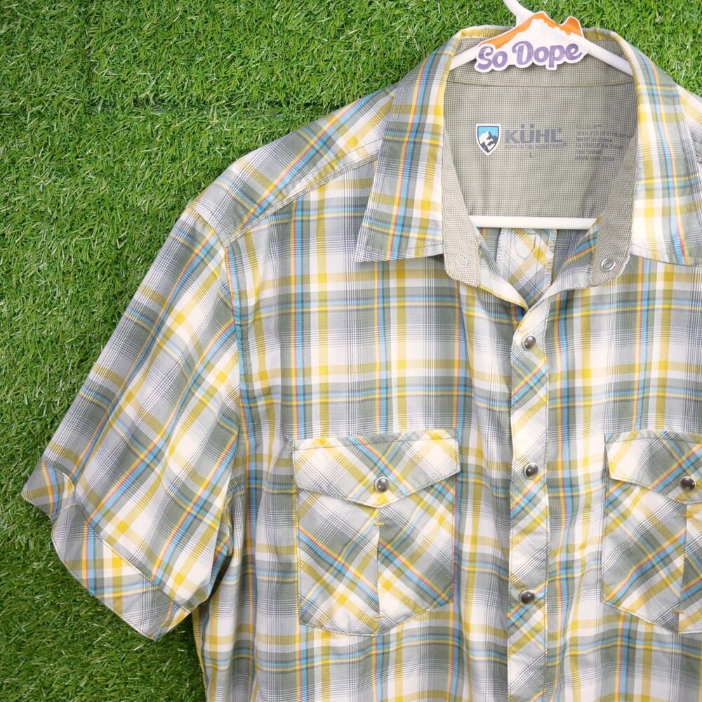 KÜHL Eluxur Plaid Pearl Snap Shirt Gray Yellow White - Men's Size L